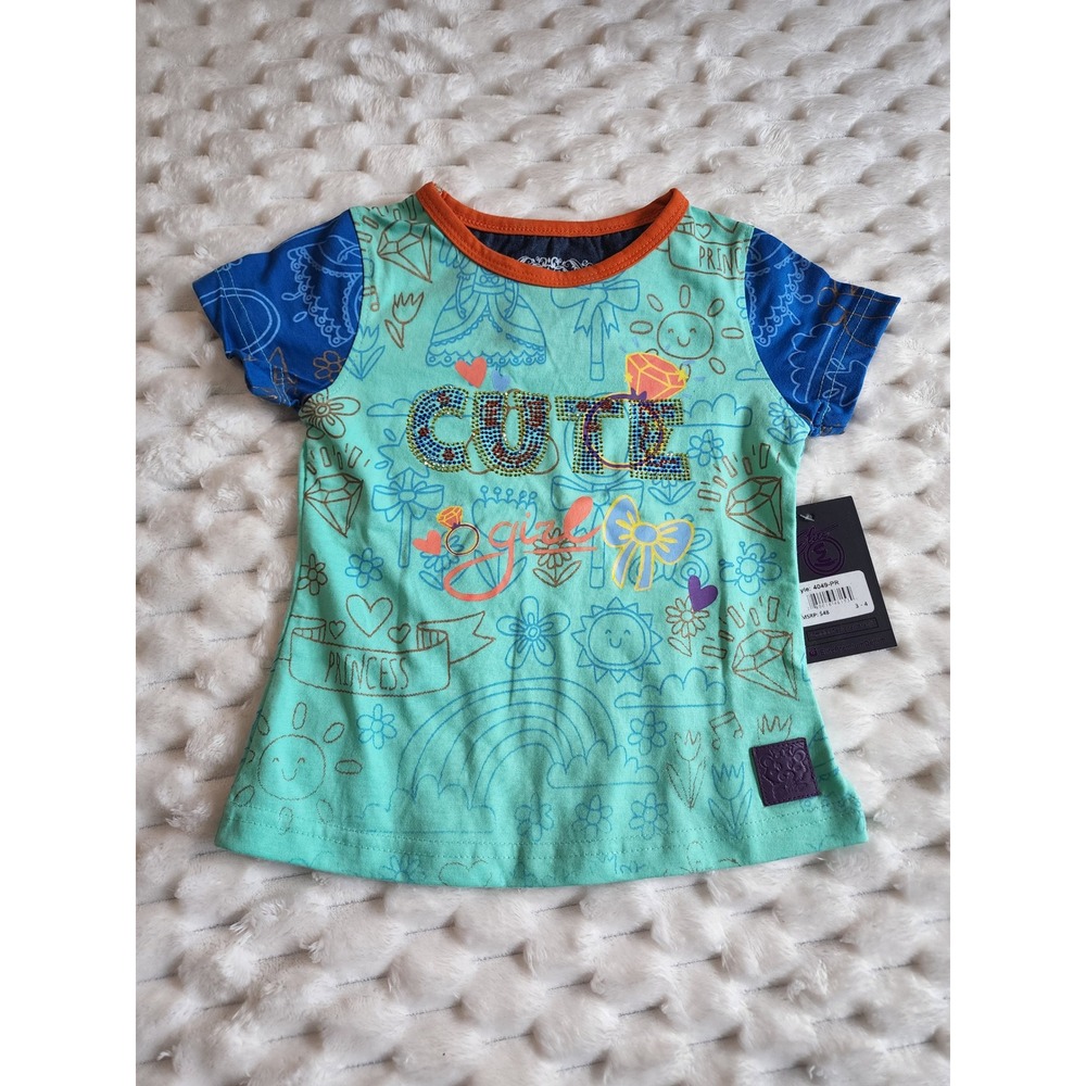 Elite Princess Girls‎ Top Size 3-4 Turquoise Cute Graphic Short Sleeve Tee